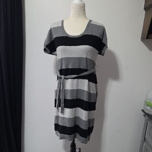 Old Navu Striped Gray and Black Belted Maternity Dress